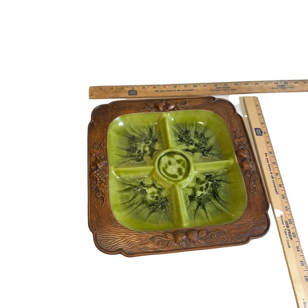 Vtg Treasure Craft Early American‎ Divided Relish Tray Wood  Look Avocado Green